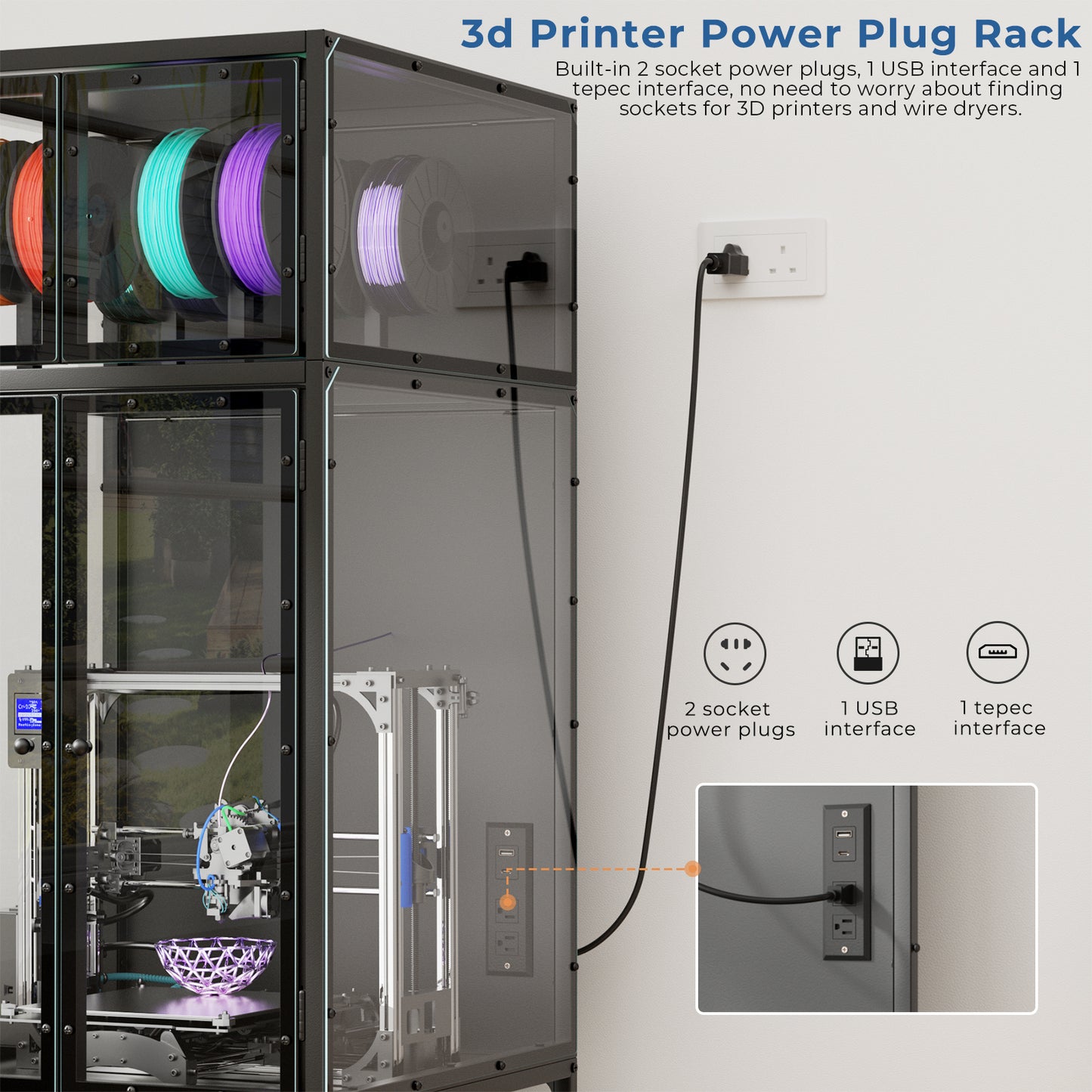 3D Printer Cabinet with Filament Storage Rack - Black