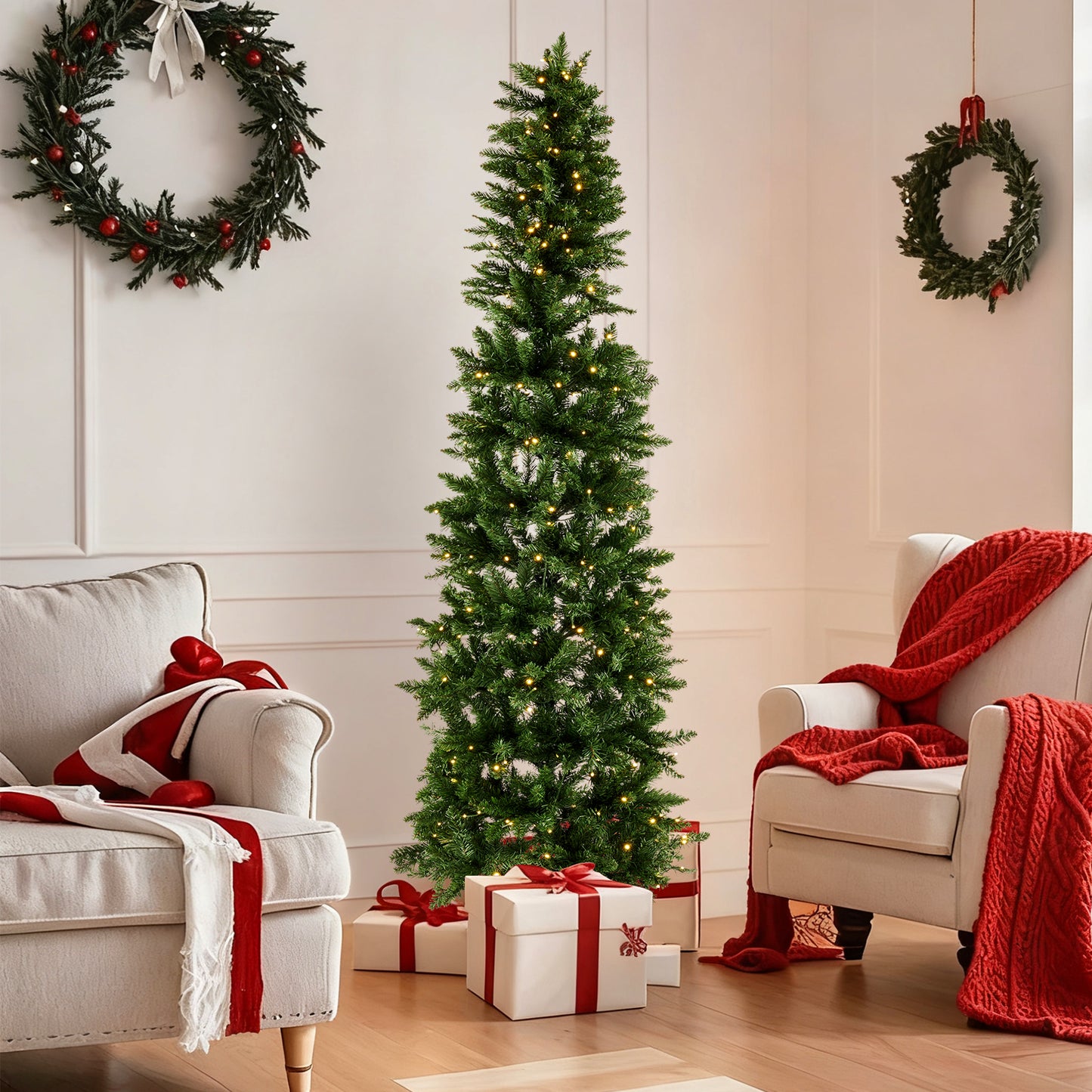 Prelit Slim Christmas Tree with 250 LED Lights & Foldable Base