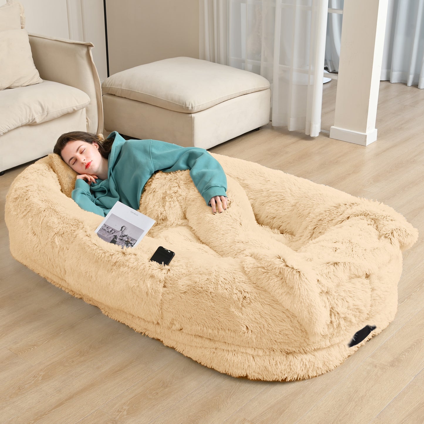 Oversized Human & Pet Dog Bed with Orthopedic Support - 71 x 45 Inch Faux Fur Lounger, Washable Cover, Pillow & Blanket Included