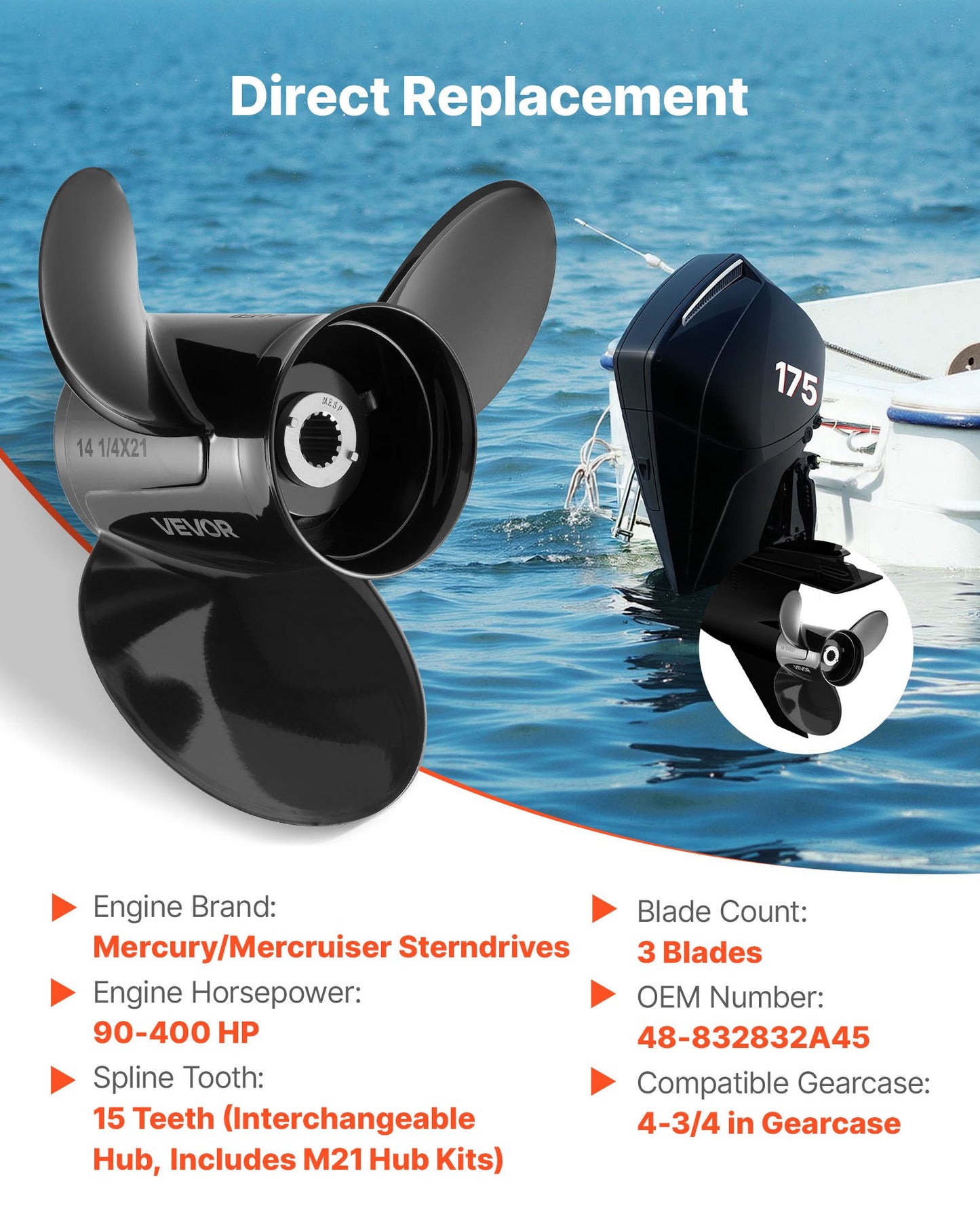 Outboard Propeller 3-Blade Aluminum RH Fit Mercury/Mariner 90-400 HP