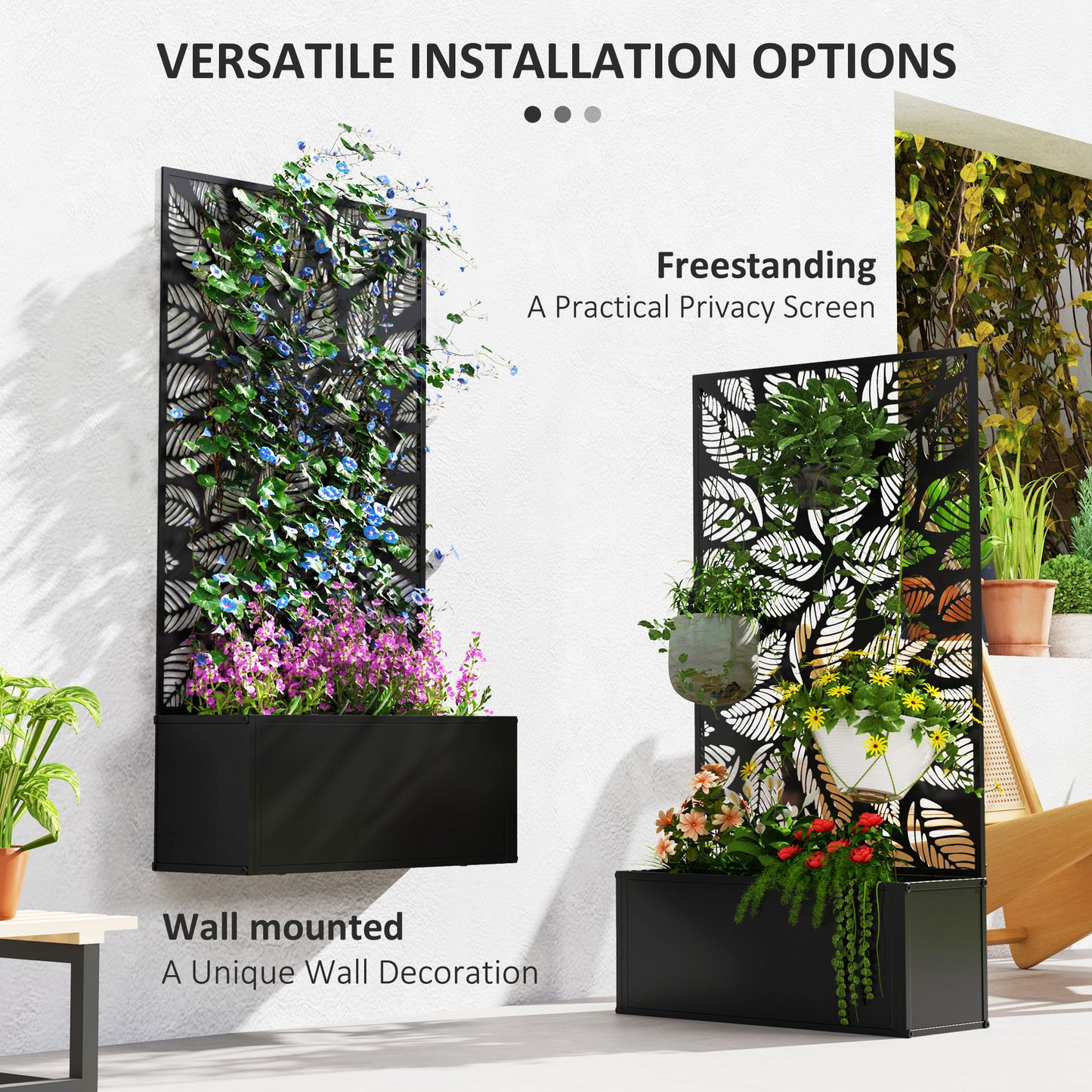 Metal Garden Bed with Trellis for Climbing Plants - Freestanding or Wall Mountable, Black 960x680mm
