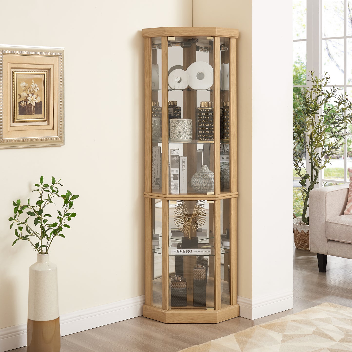 Corner Lighted Curio Cabinet Glass Display Case For Living Room,