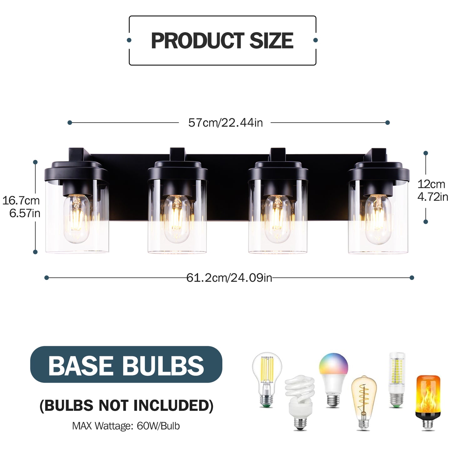 4-Light Matte Black Bathroom Vanity Light Fixture with Clear Glass Shades - Over Mirror Wall Sconce, NO BULBS