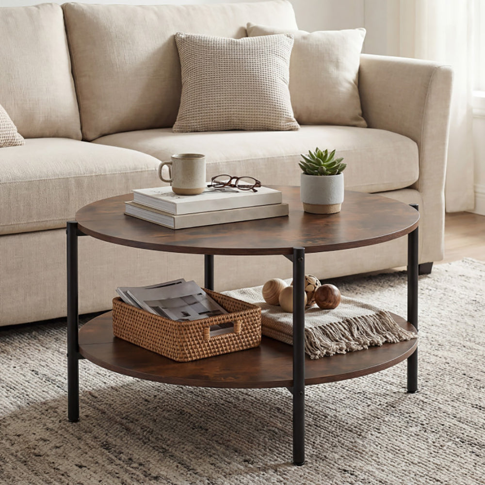 Round Coffee Table 2-Tier Industrial Accent With Open Storage Shelf