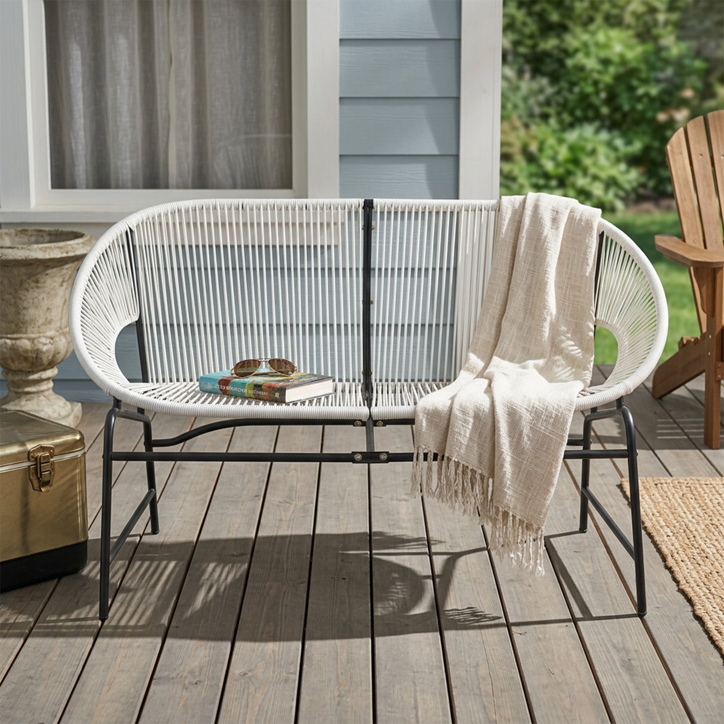 CONDESSA OUTDOOR PATIO WICKER LOVE SEAT, WHITE PE RATTAN & IRON