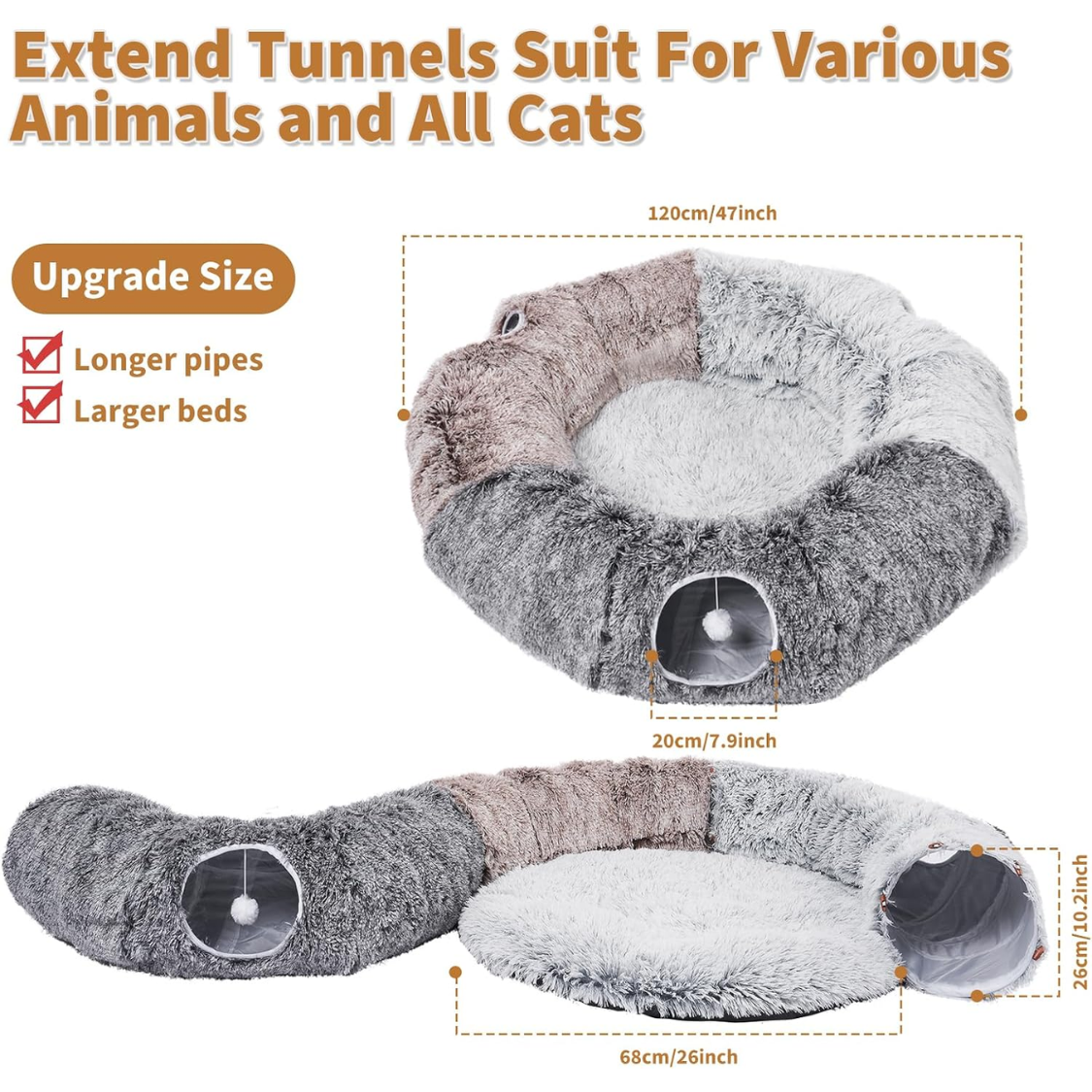 Large Cat Tunnel Bed with Toys - Cozy Plush Play Cave for Indoor Cats