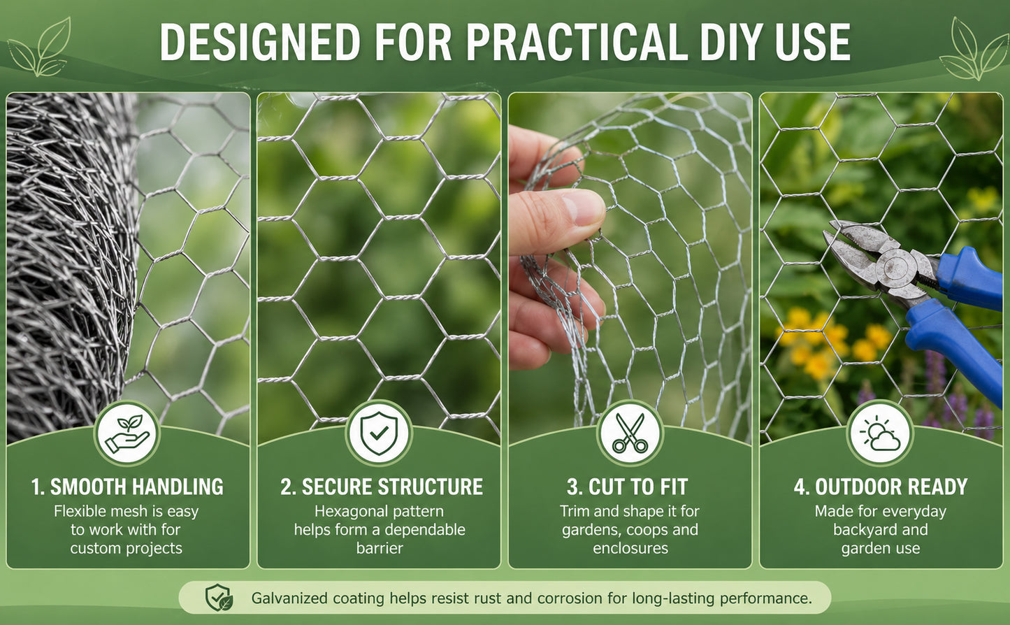 Silver Galvanized Metal Hexagonal Mesh, 21-gauge Wire, Rust-resistant