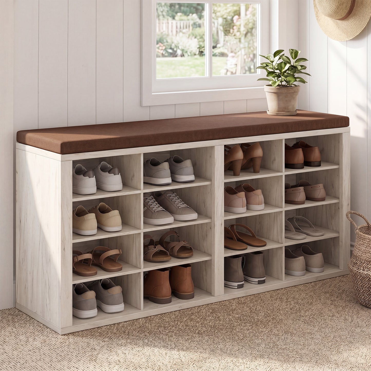 Shoe Storage Bench With Cushion 16 Cubby Rack Multifunctional