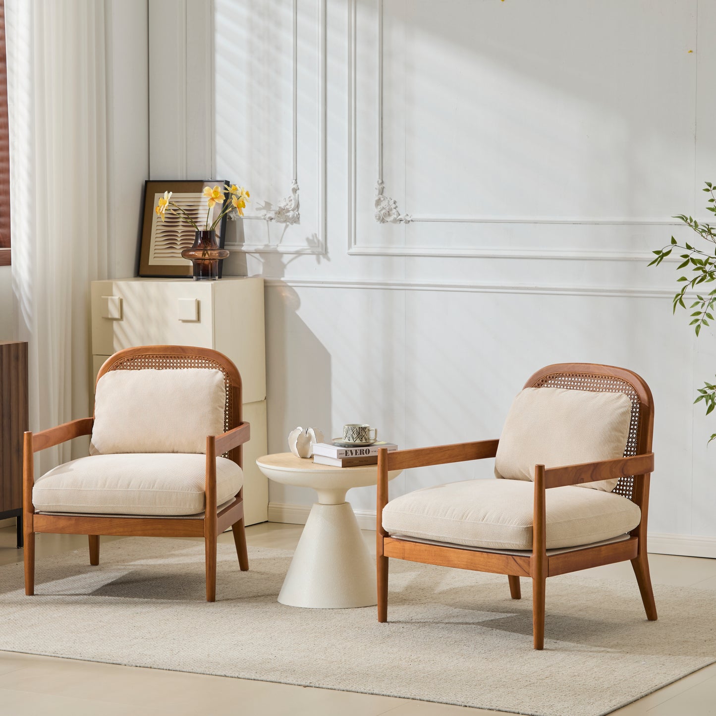 Mid-Century Modern Accent Chair Set - Solid Wood & Rattan, Beige