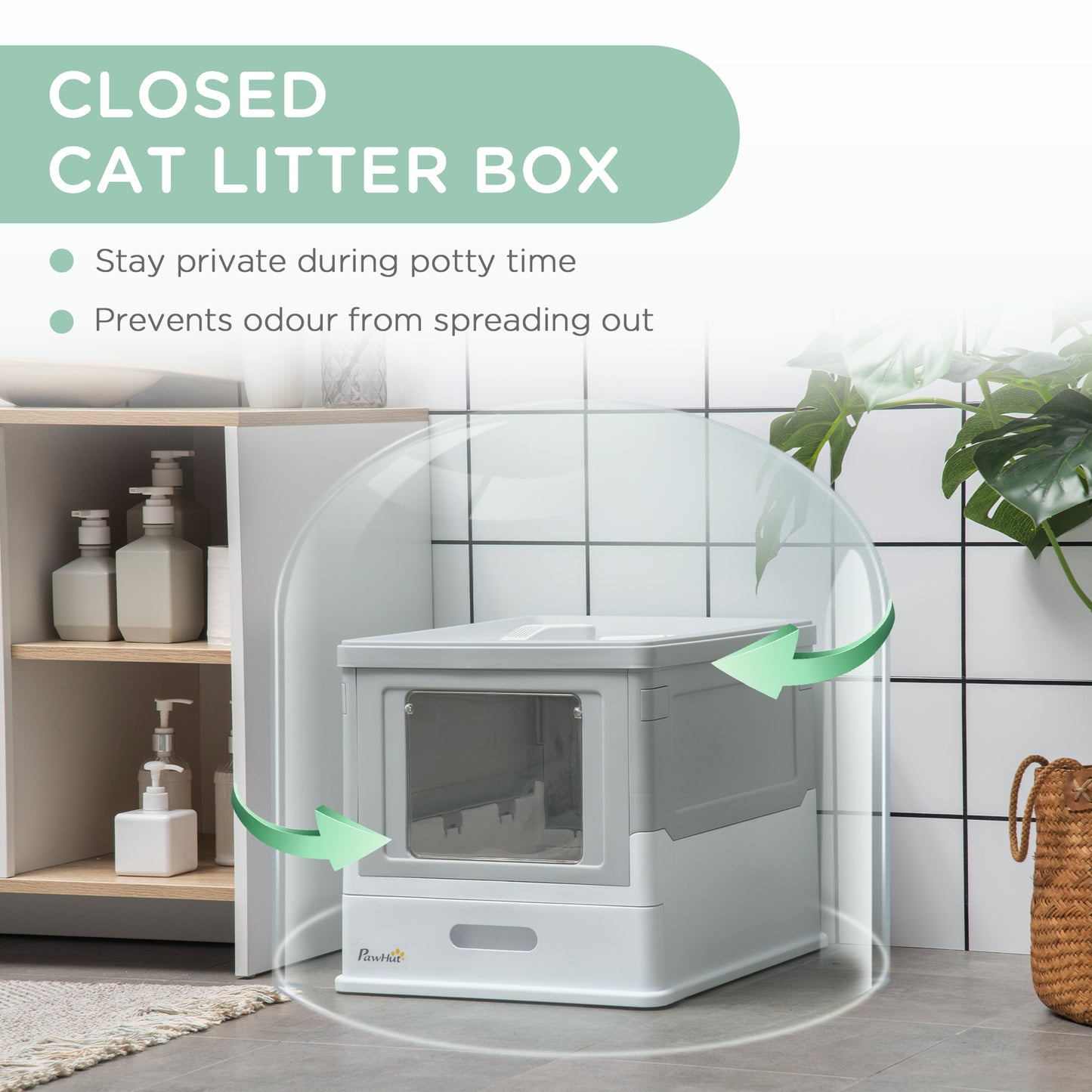 Enclosed Cat Litter Box with Front Entry and Roof Exit - Gray & White, 410x205x525 mm