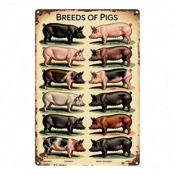 Vintage Pig Breeds Metal Sign - 8x12 Inch Retro Wall Art