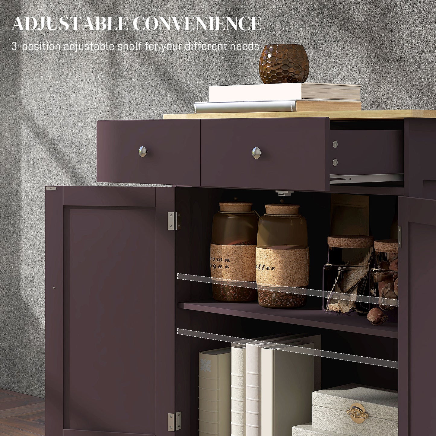 Kitchen Storage Cabinet with Adjustable Shelf & Drawers - Coffee