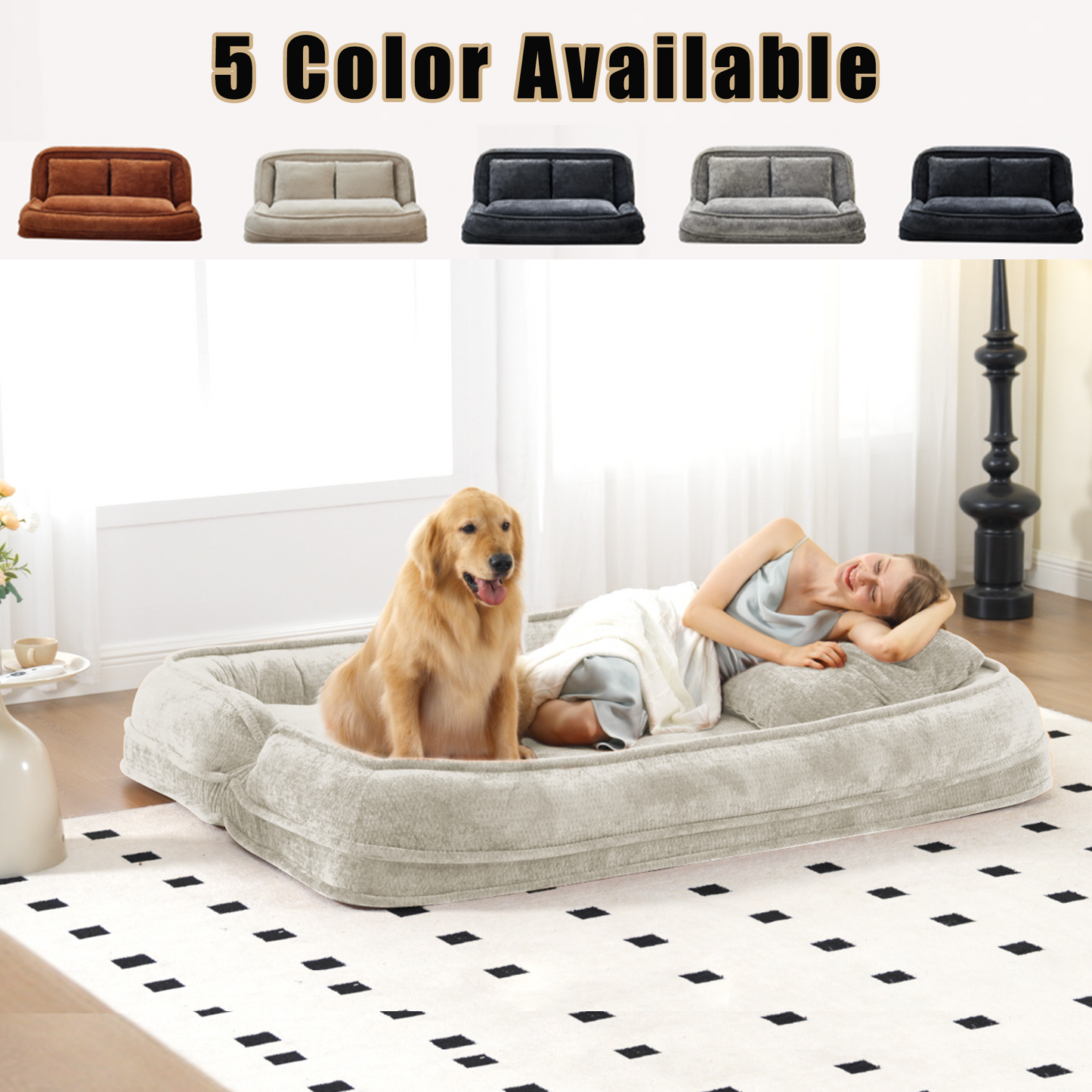 Extra Large Chenille Lazy Sofa Loveseat - Beige 2-in-1 Dog Bed