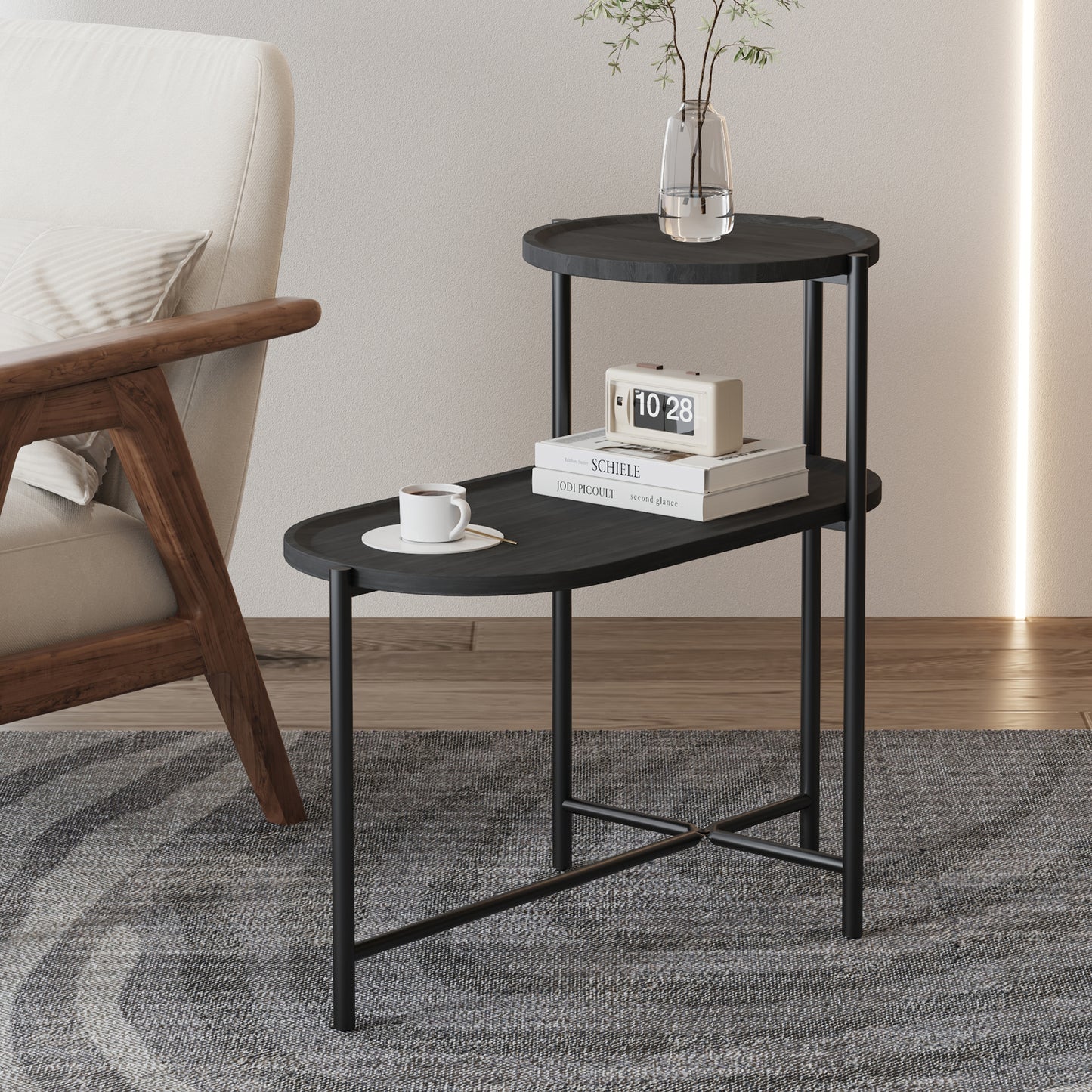 Round Coffee Table with Storage Tray - 2 Tier Black End Table
