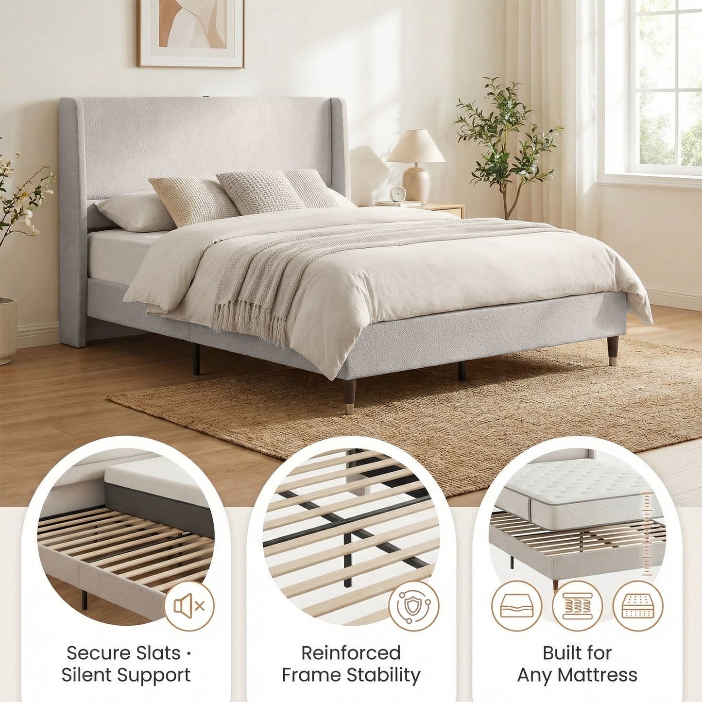 Queen Size Upholstered Bed Frame with USB Ports - Grey