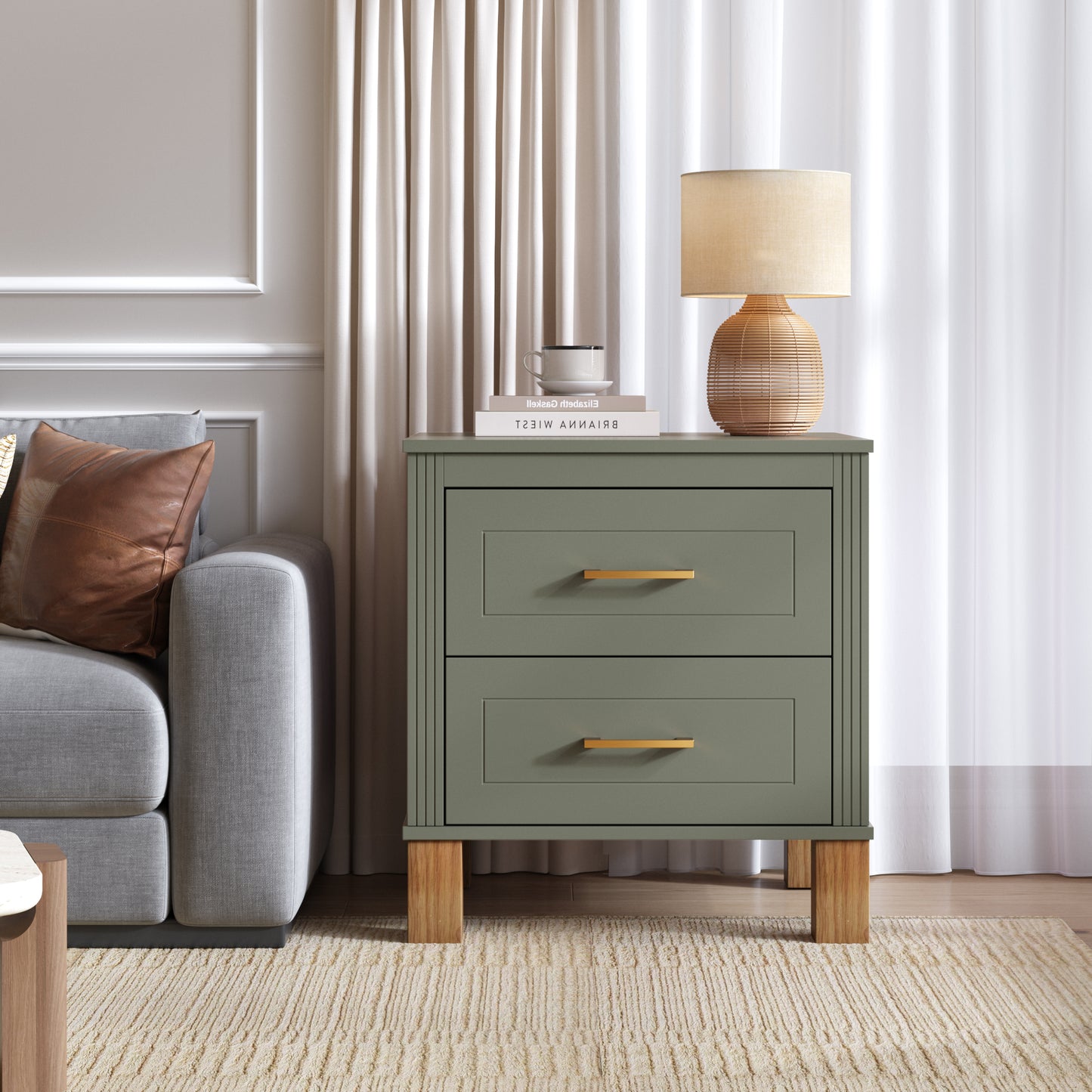 2 Drawer Nightstand - Premium Wood Storage with Fluted Design, Olive