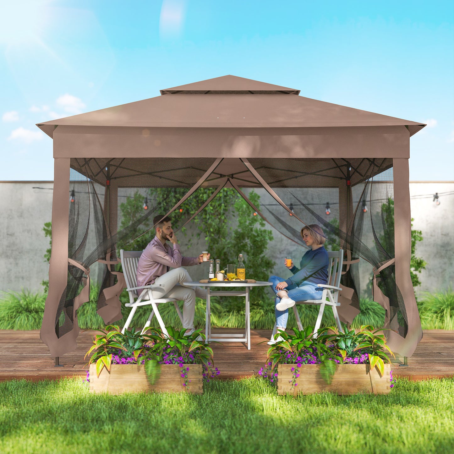 Pop Up Canopy Gazebo Shelter with Zipper Netting - Brown 11x11