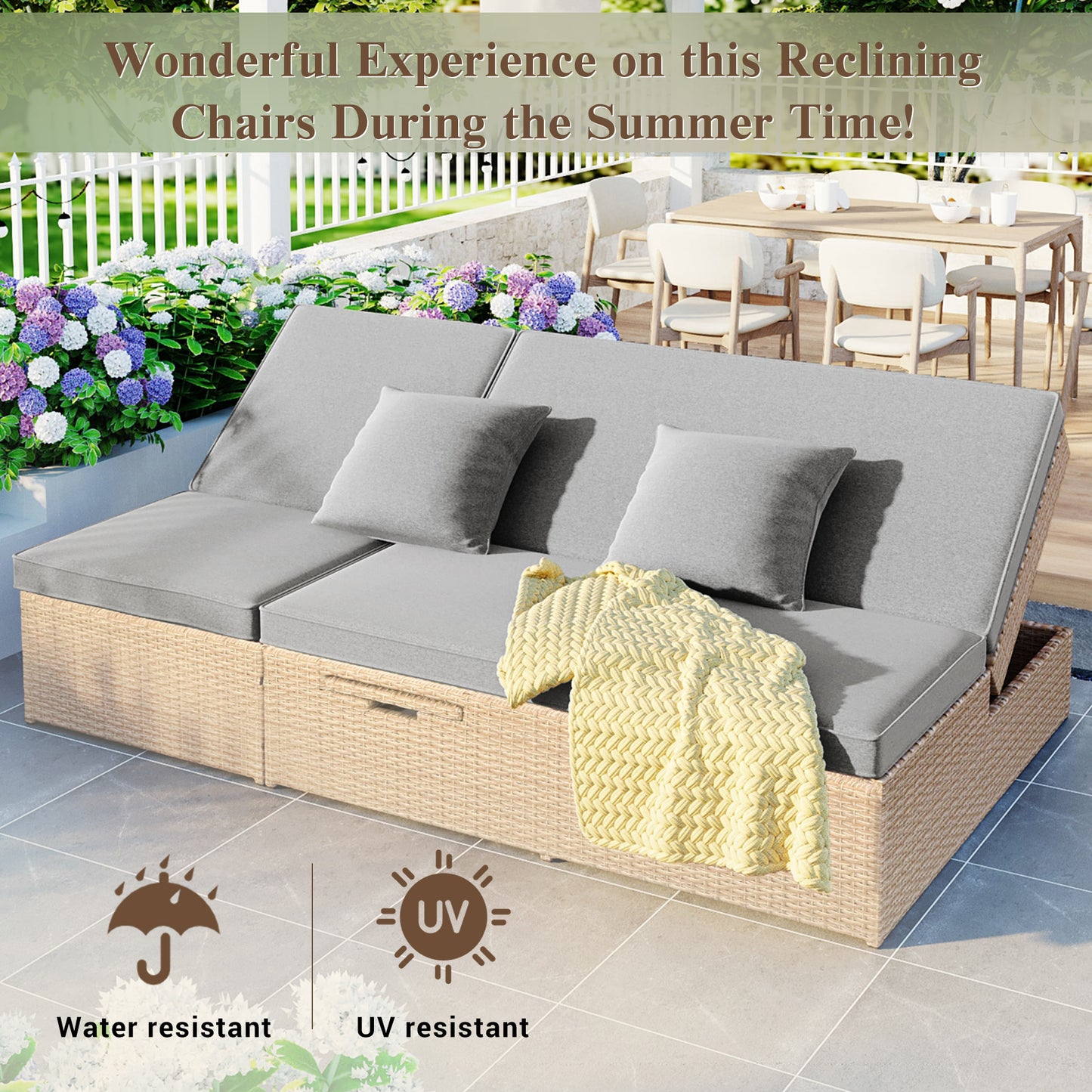 Double Outdoor Sunbed - Wicker Rattan Reclining Chairs for 2, Brown