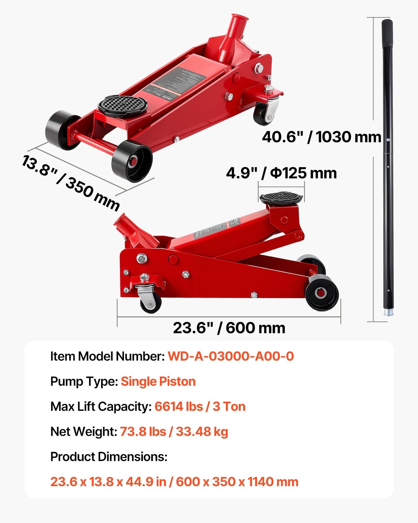 3 Ton Low Profile Hydraulic Floor Jack for Cars & SUVs – Steel Racing Trolley