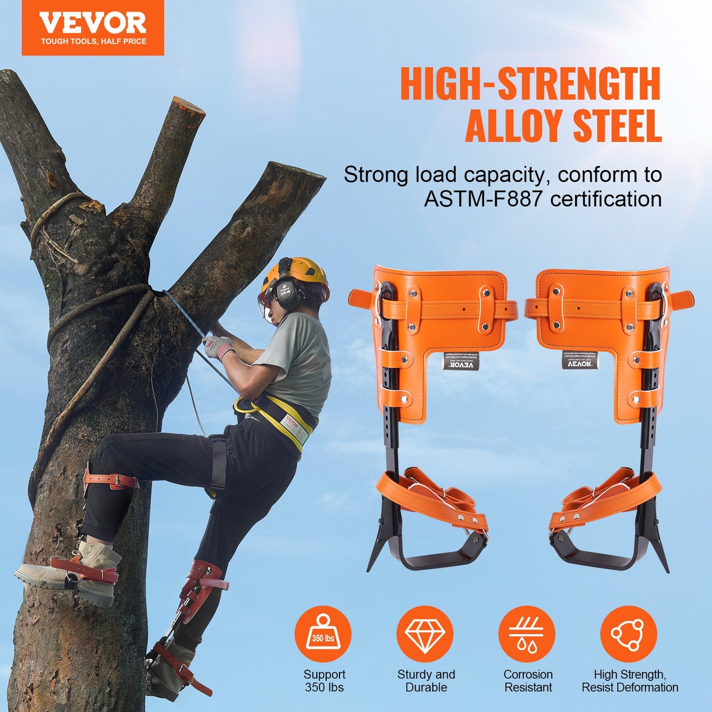 Tree Climbing Spikes Set with Safety Rope and Harness - Alloy Steel, Orange