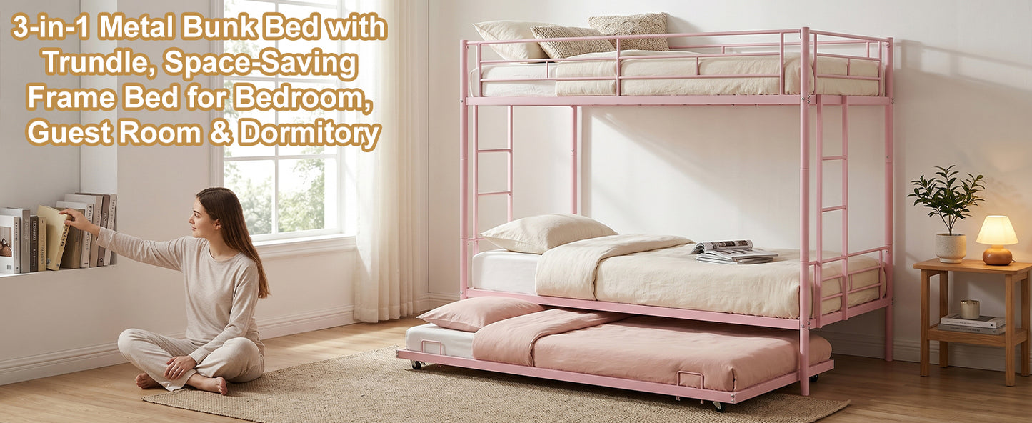 Twin Over Twin Bunk Bed with Trundle, Dual Ladder & Safety Rails