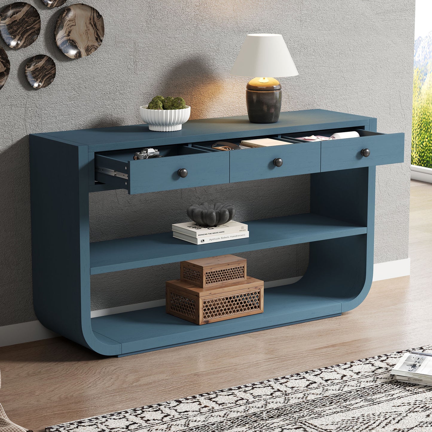 Modern Curved Console Table with 3 Soft-Close Drawers - Blue