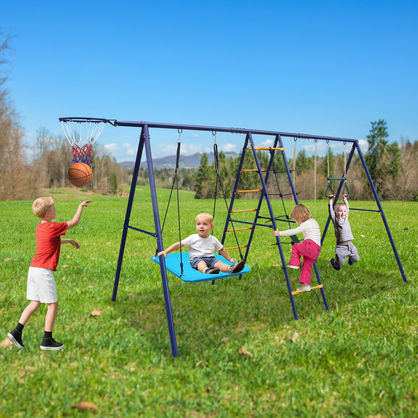6-in-1 Swing Set with Climbing Ladder, Trapeze Bar & Hammock Swing