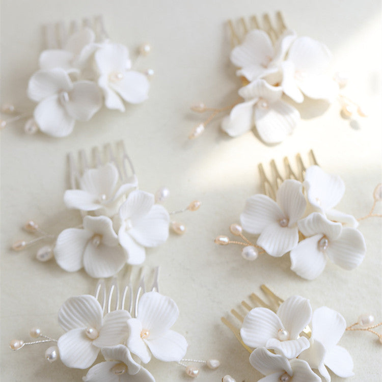 Ceramic Flower Bridal Headdress with Pearl Details