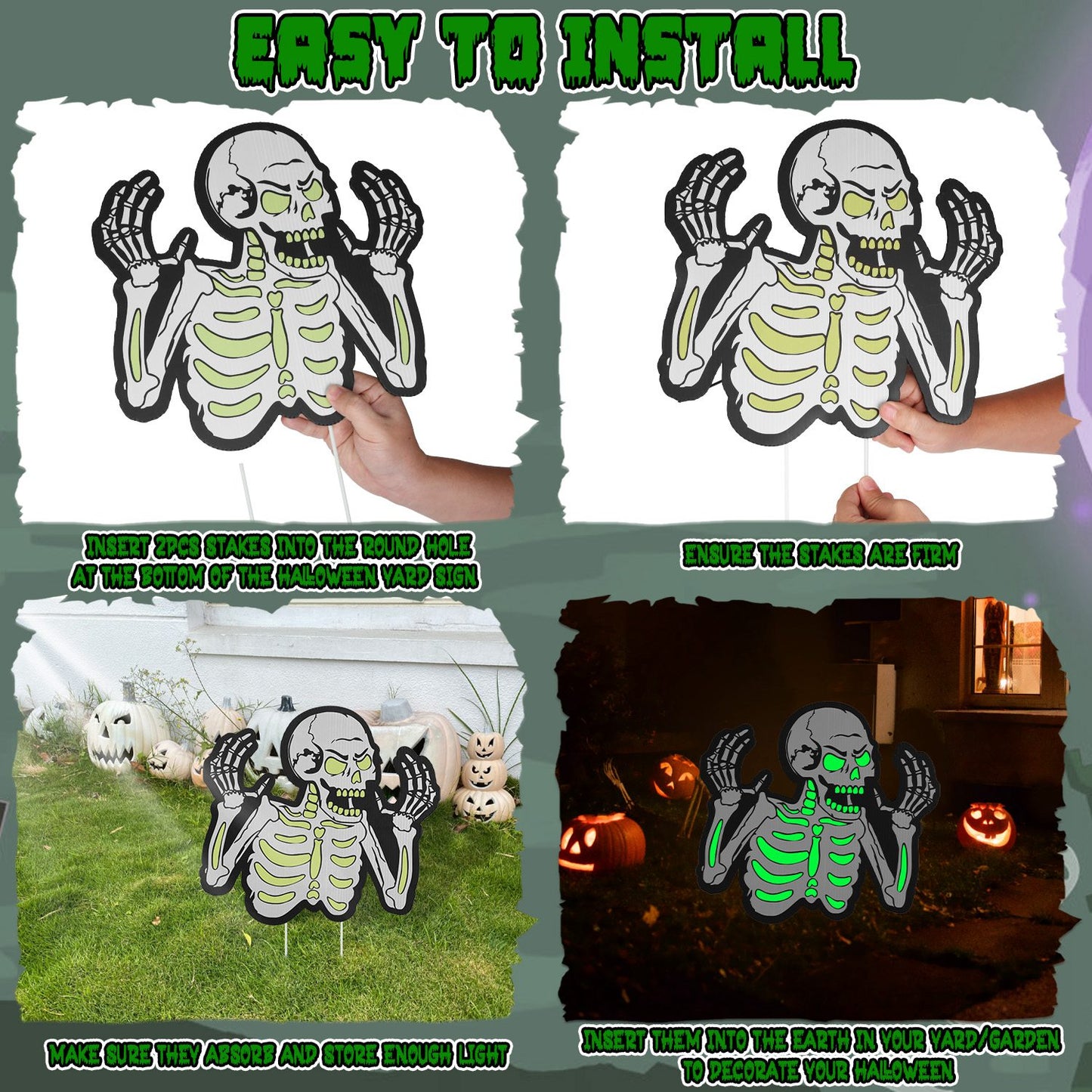 Glow In The Dark Halloween Yard Sign Set - 6 Pcs Skeleton & Cat