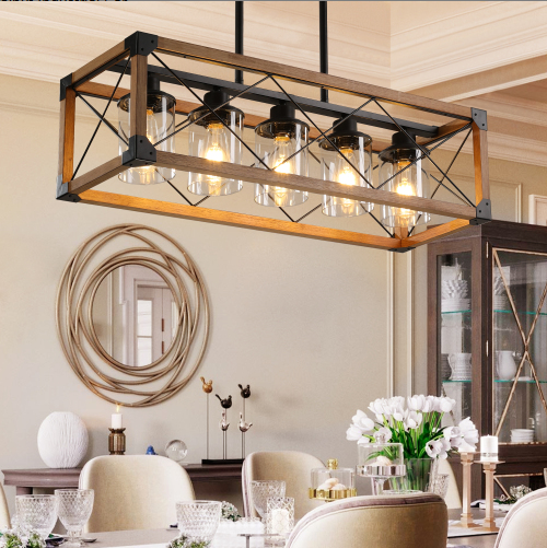 32 Inch Walnut and Black Farmhouse Pendant Light 5-Light Chandelier Ceiling Fixture