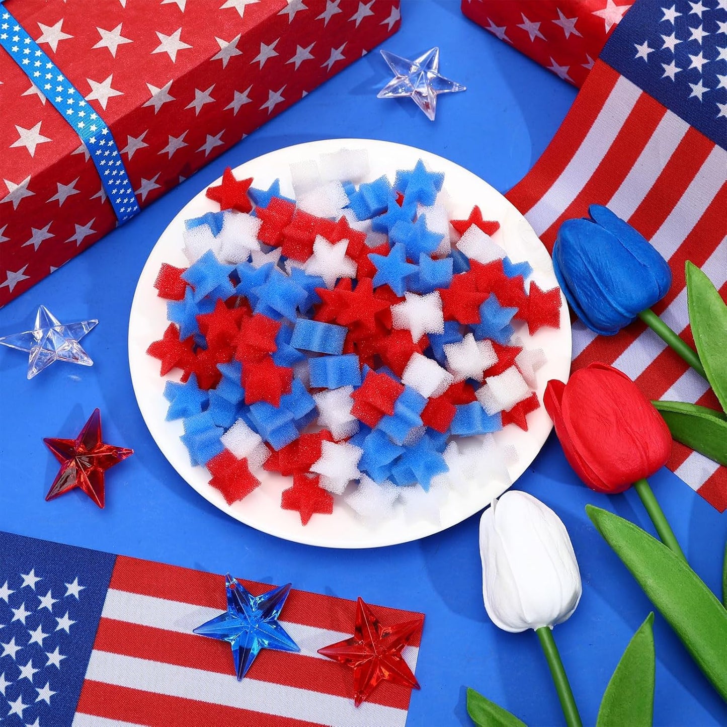 4th of July Artificial Tulips & Sponge Stars - 12 Pcs Set