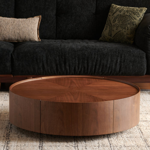 39.3-Inch Walnut Coffee Table - Circular Design for Living Room