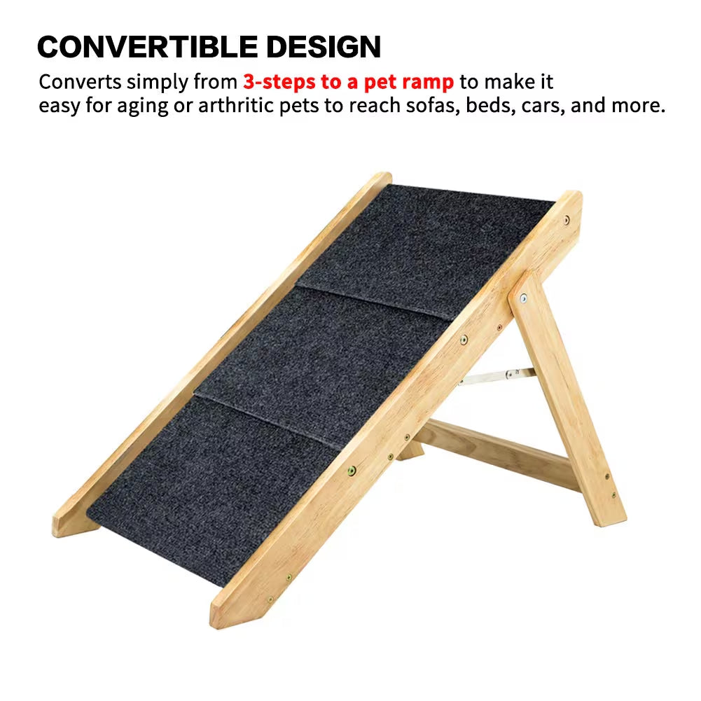 Foldable Wooden Pet Stairs & Ramp for Dogs & Cats - 3 Levels, Up to 110 lbs, Grey
