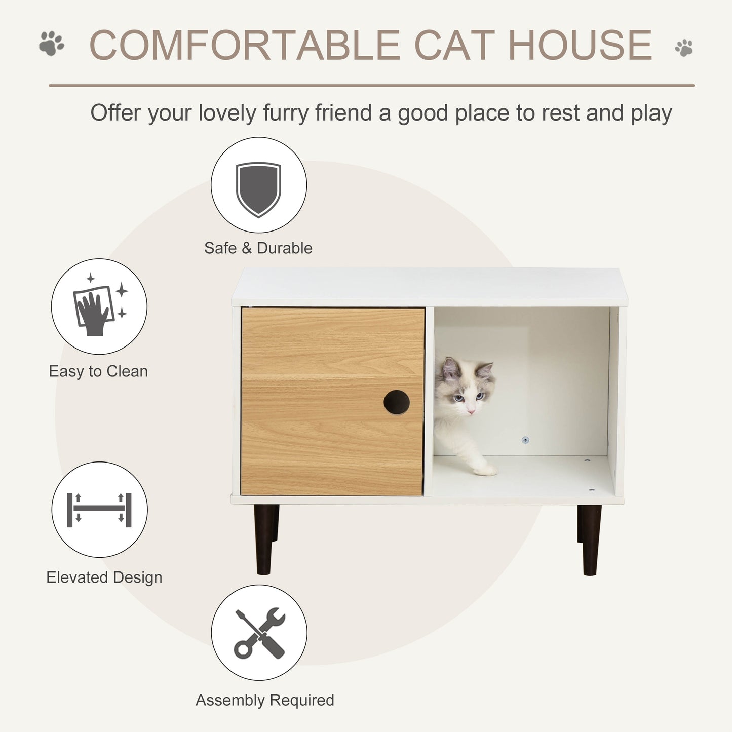 Wooden Cat House with Soft Cushion - Elevated Pet Condo with Storage - White, 800x460x160mm