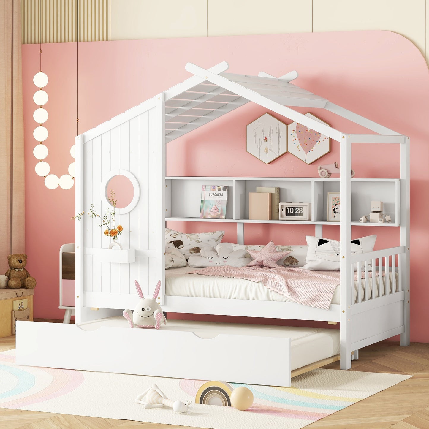 Wooden Twin Size House Bed With Trundle, Modern Design For Kids