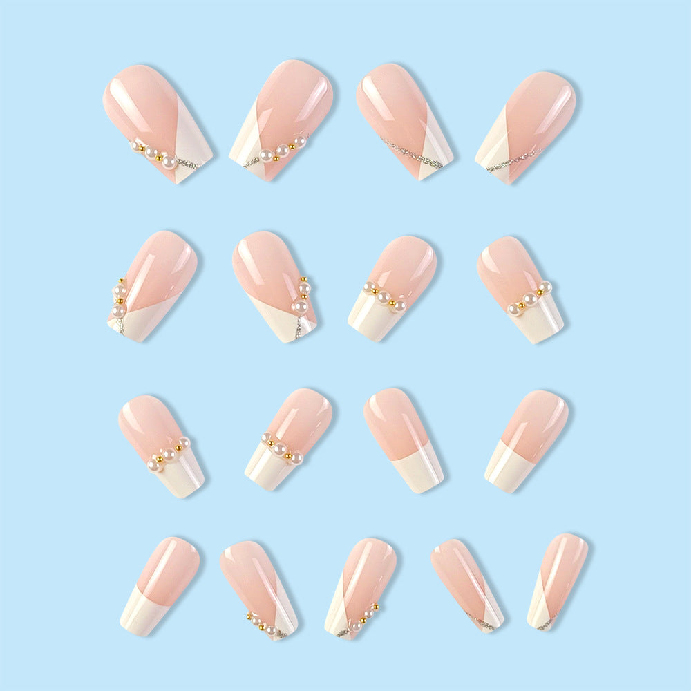 24-Piece Pink Coffin-Shaped French Artificial Nail Set with Pearl Design - Short Tips for Party & Daily Wear