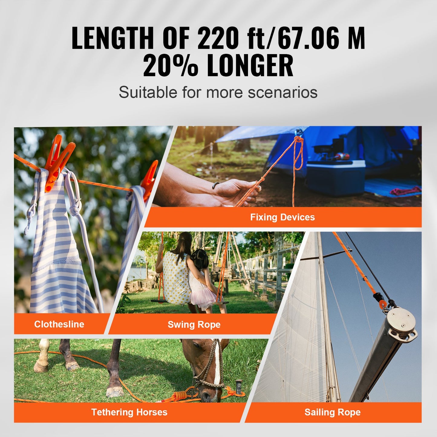 Outdoor Climbing Rope 1/2 Inch x 220 Ft Double Braided Polyester with 8000 LBS Strength - Orange