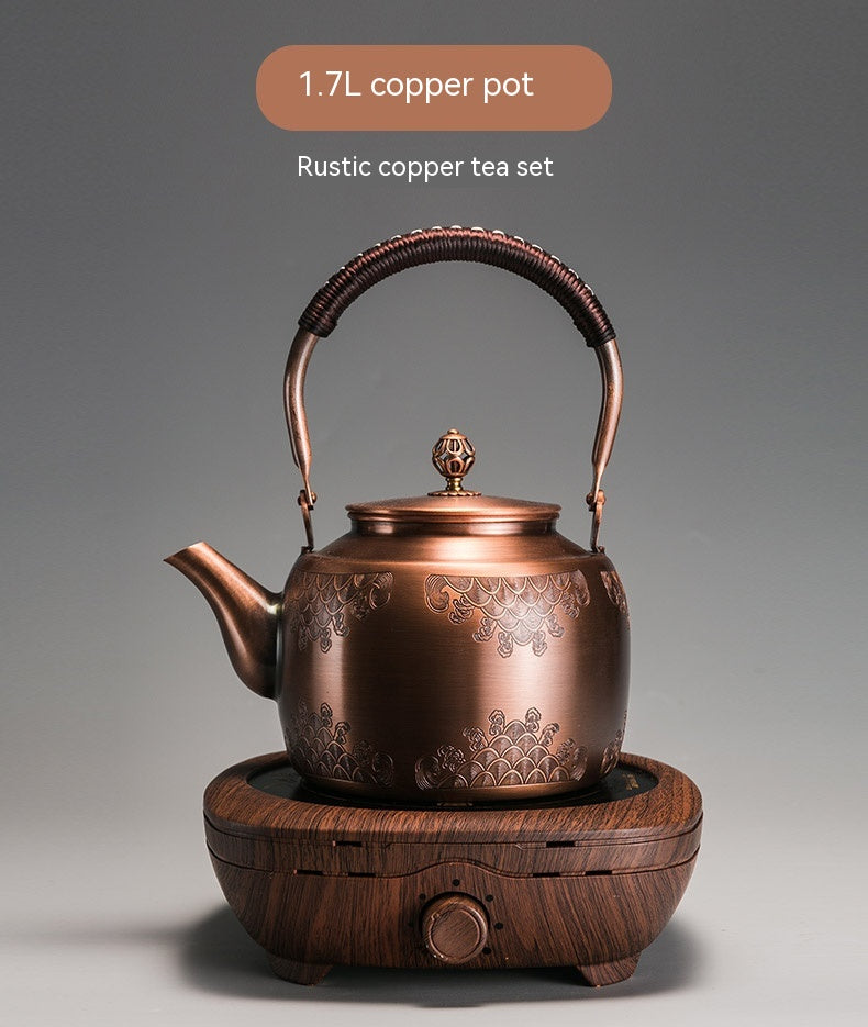 Copper Tea Brewing Pot with Manual Mechanism Antique Style Kitchen Water Kettle