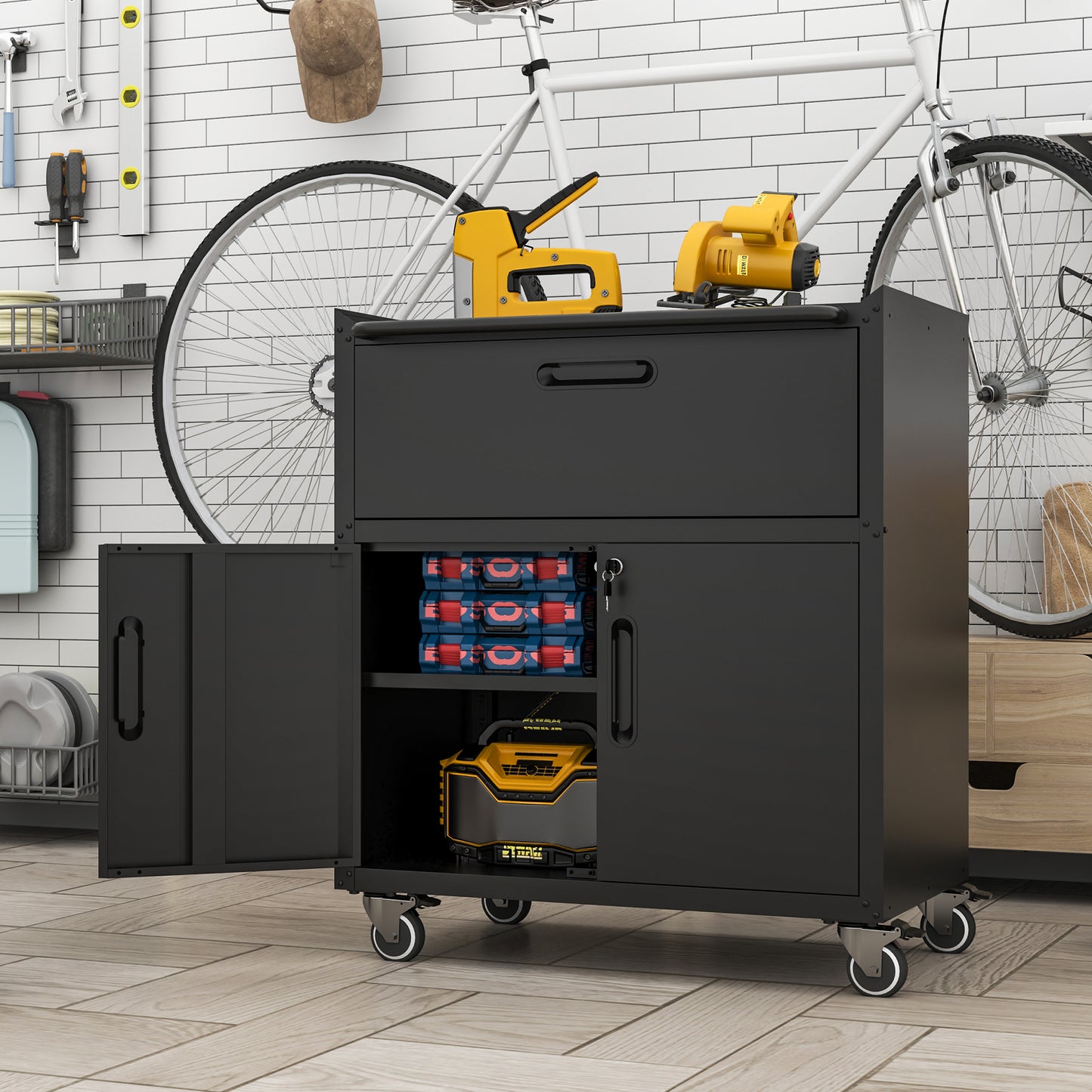 Sturdy And Durable Metal Tool Cabinet For Garage With Wheels - Mobile