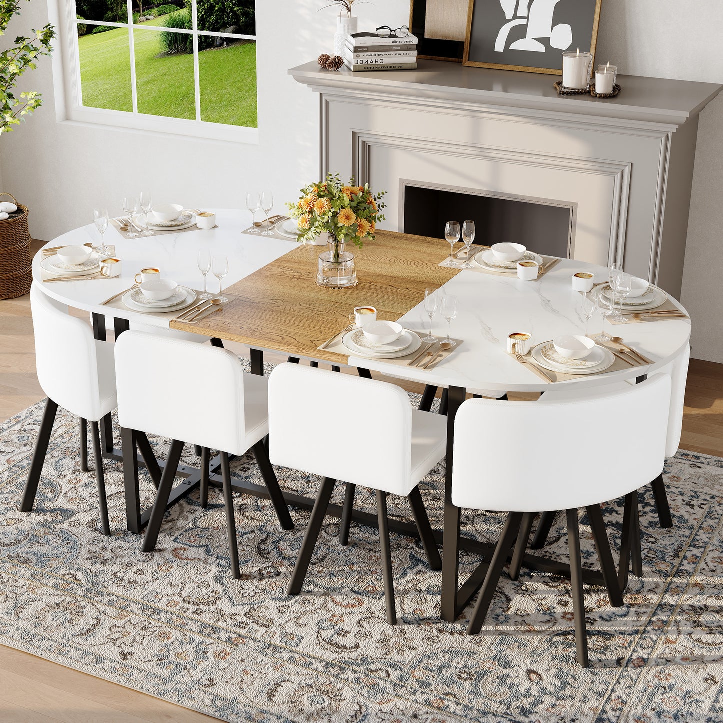 9-Piece Oval Dining Table Set, Fixed White Faux Marble & Wood Grain