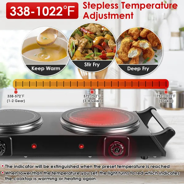 1800W Electric Double Burner Hot Plate with 5 Temperature Settings