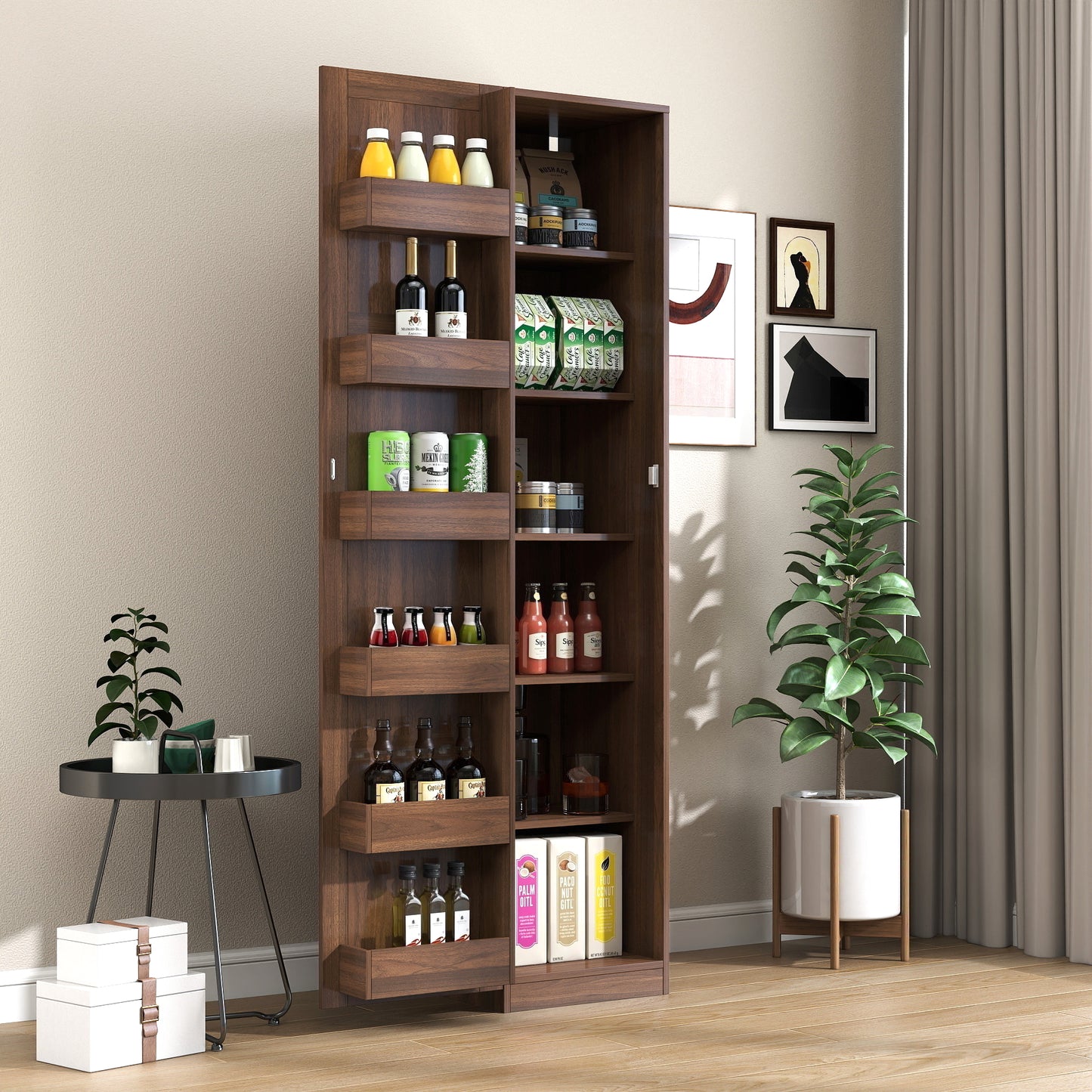 Kitchen Pantry Cabinet, Walnut Freestanding Buffet Cupboards