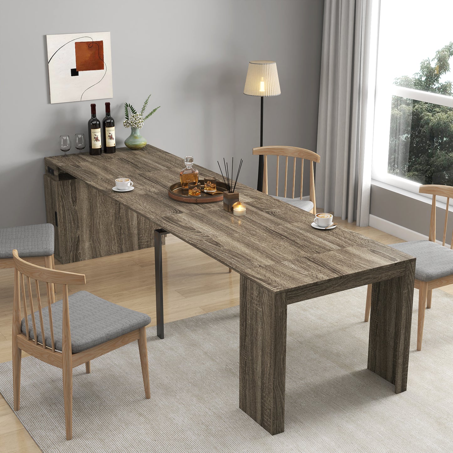 Modern Extendable Dining Table with Outlet & Storage - Brown