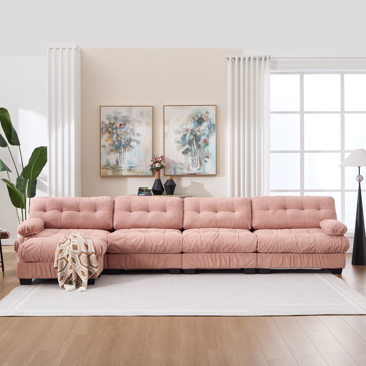 L-Shaped Modular Sectional Sofa - Pink Cloud Couch with 6 Pillows