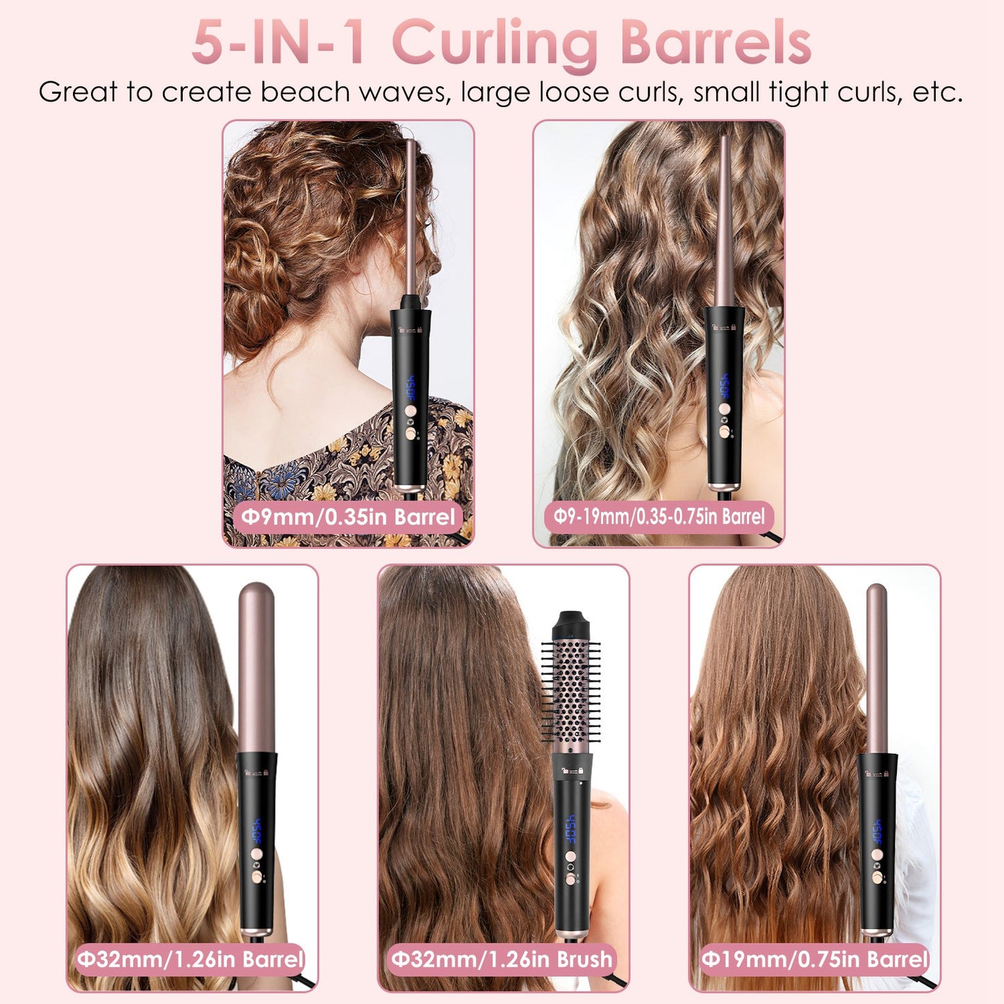 5-in-1 Curling Iron Wand Set with Interchangeable Barrels & Heat Control