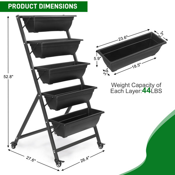 Black 5-Layer Vertical Garden Planter with Wheels - 65x60x130cm