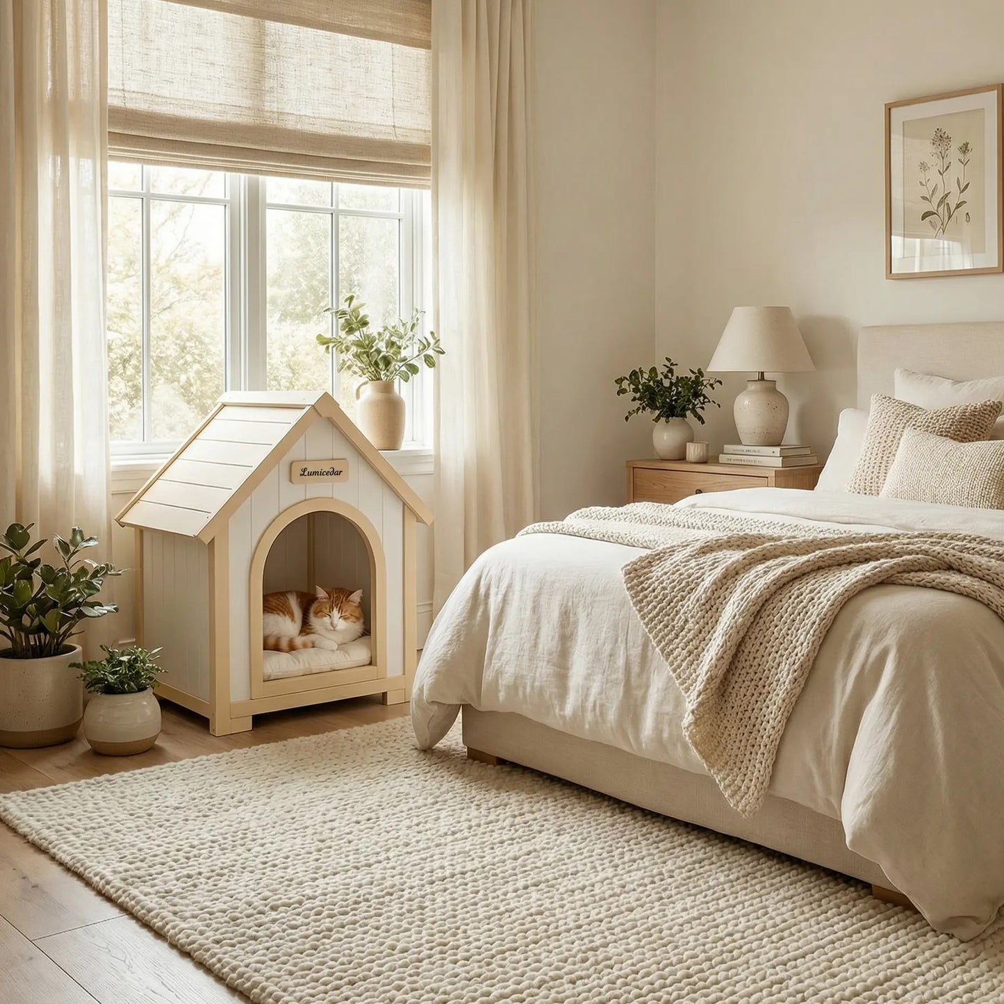 Indoor Wooden Dog House with EVA Cushion - Small Pet Shelter in Creamy White