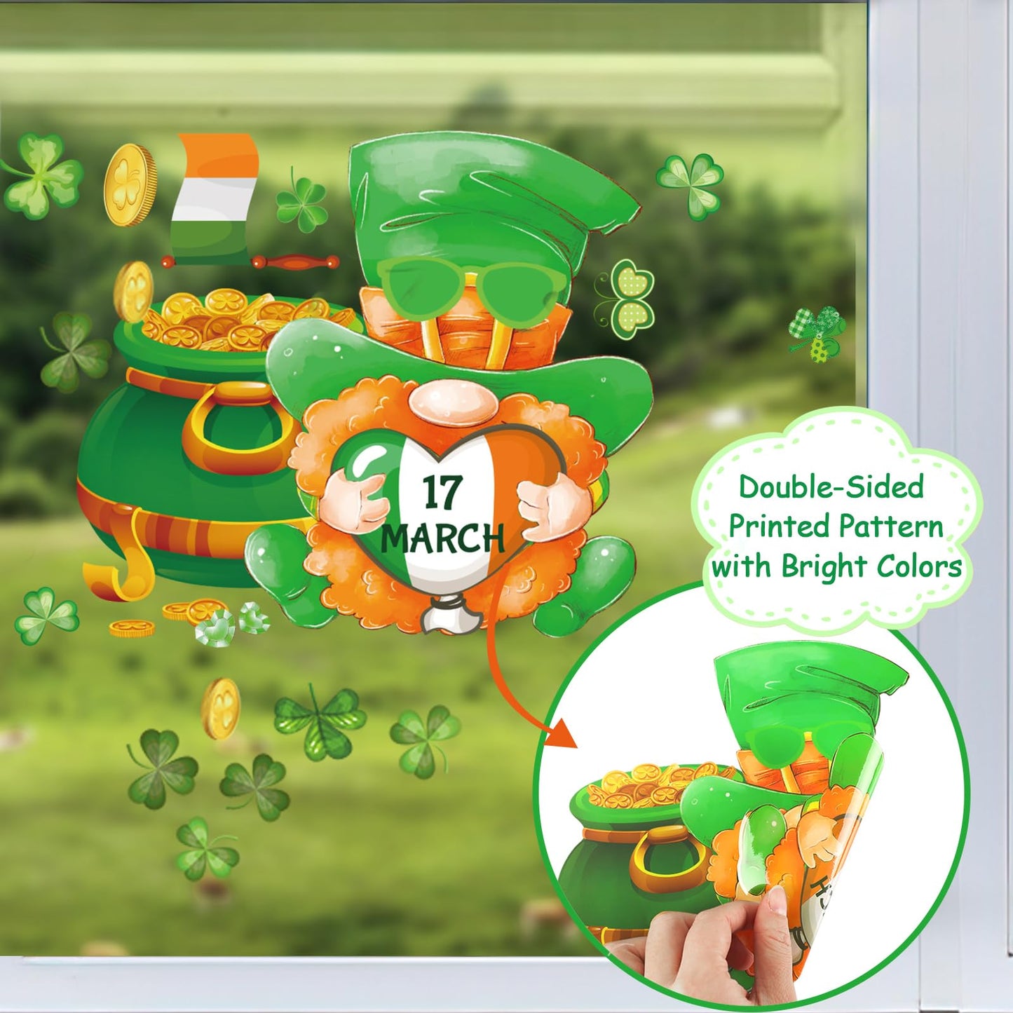 St. Patrick's Day Gnome Window Decals - 9 Sheets of Reusable Clings