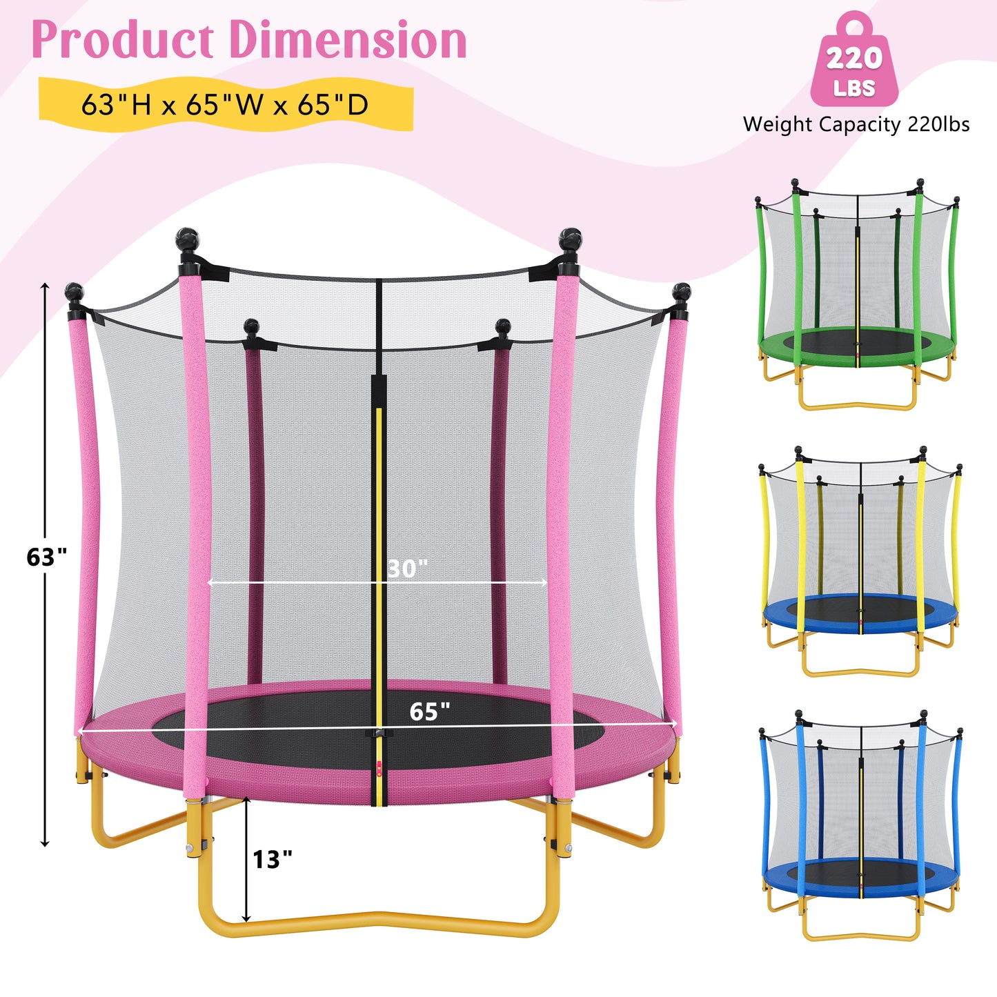 5.5 FT Kids Trampoline with Safety Net - Pink Indoor Outdoor Mini Trampoline