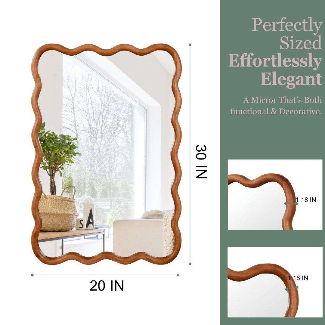 Wavy Rectangle Solid Wood Frame Decorative Mirror - Yellowish Brown 20x30